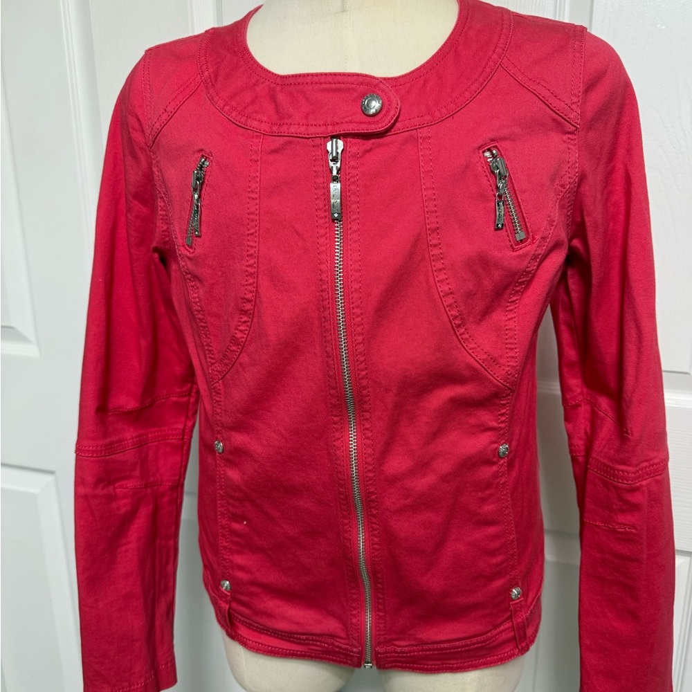 Women’s Chic Coral Sz S Bomber Jacket with Zipper Accents